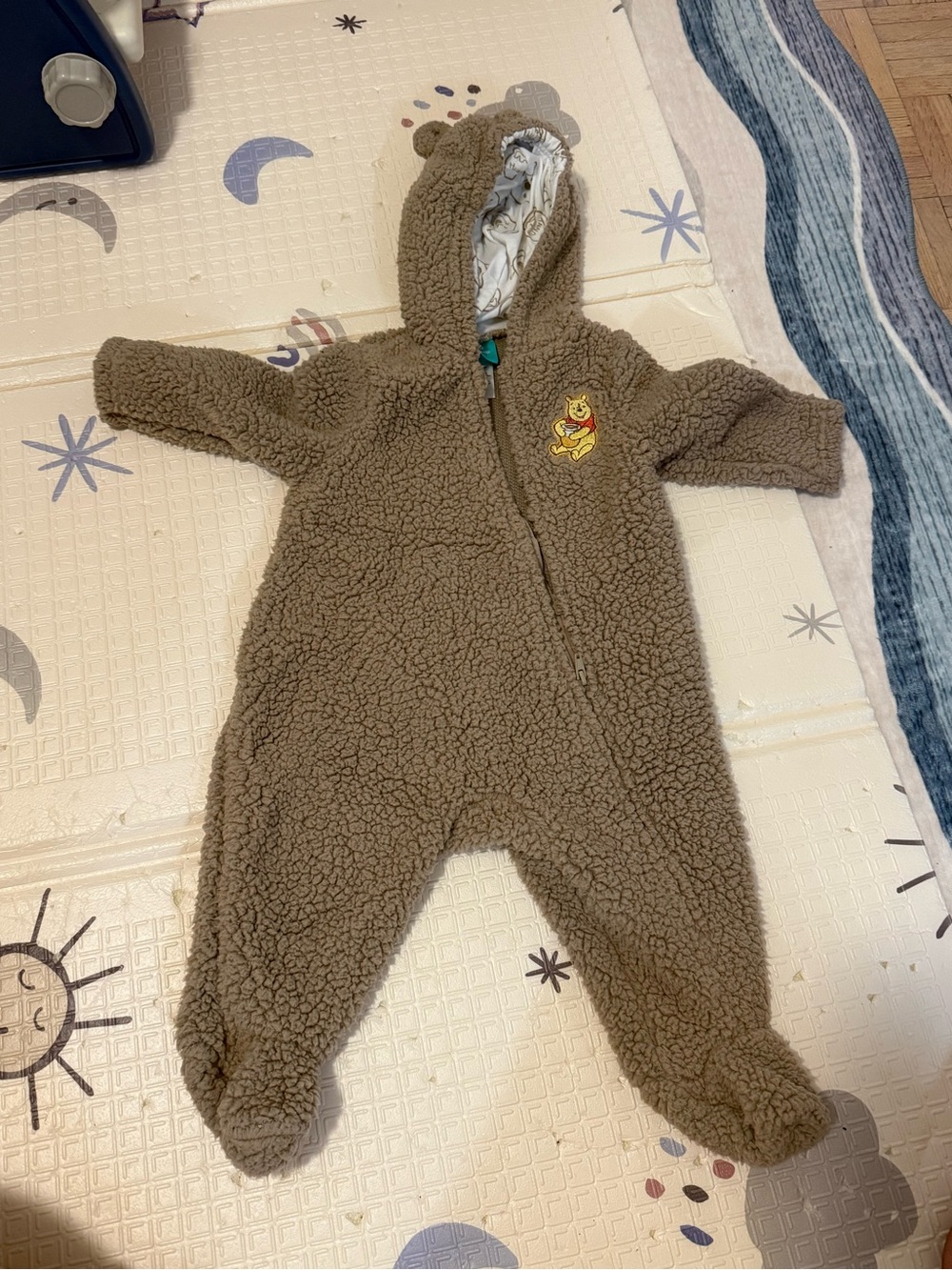 Disney Brown teddy Fleece Hooded Baby One-Piece with Winnie the Pooh Patch